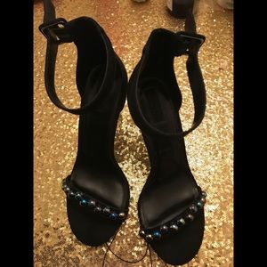 Custom bejeweled black strappy heels